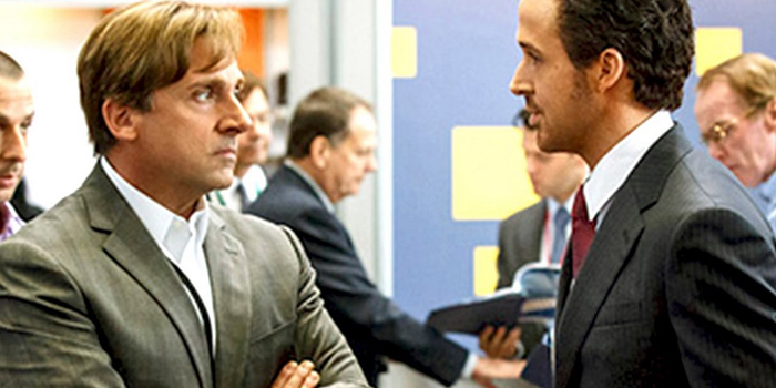 Steve Carell and Ryan Gosling in movie review of The Big Short